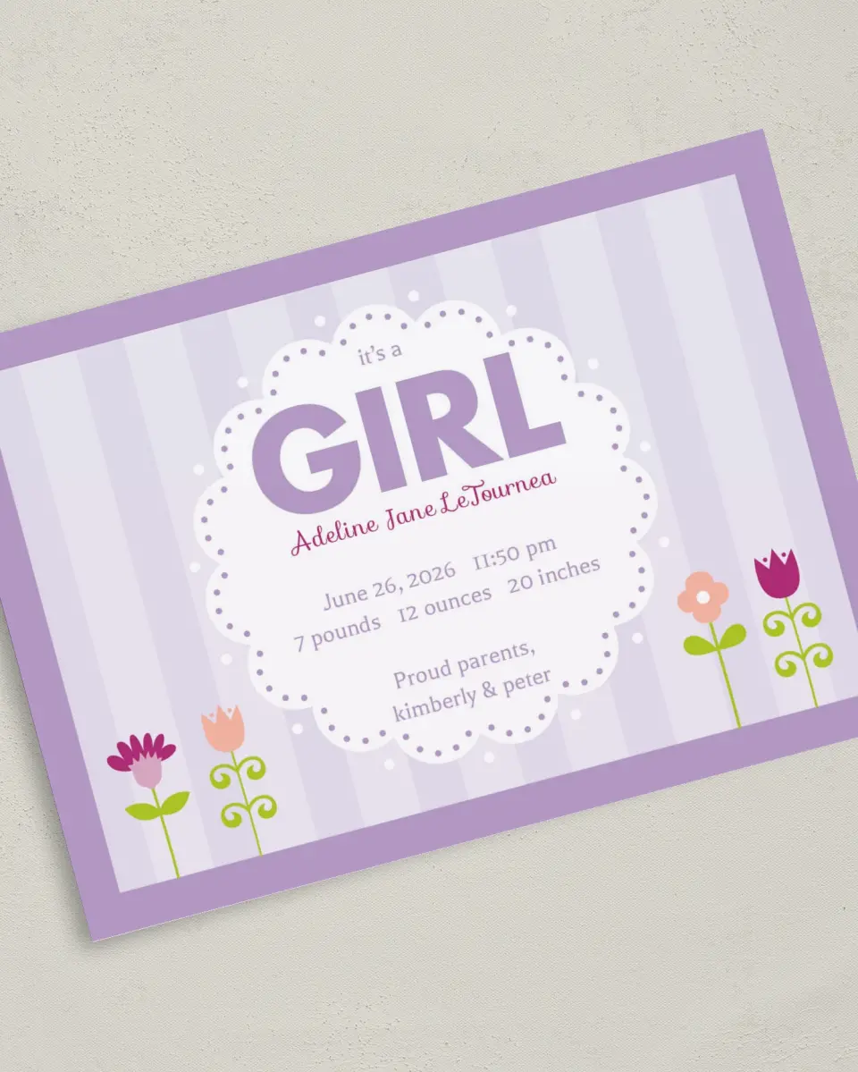 This is a 5" x 7" Birth Announcement Card called It's A ... printed in full color on Premium Smooth paper