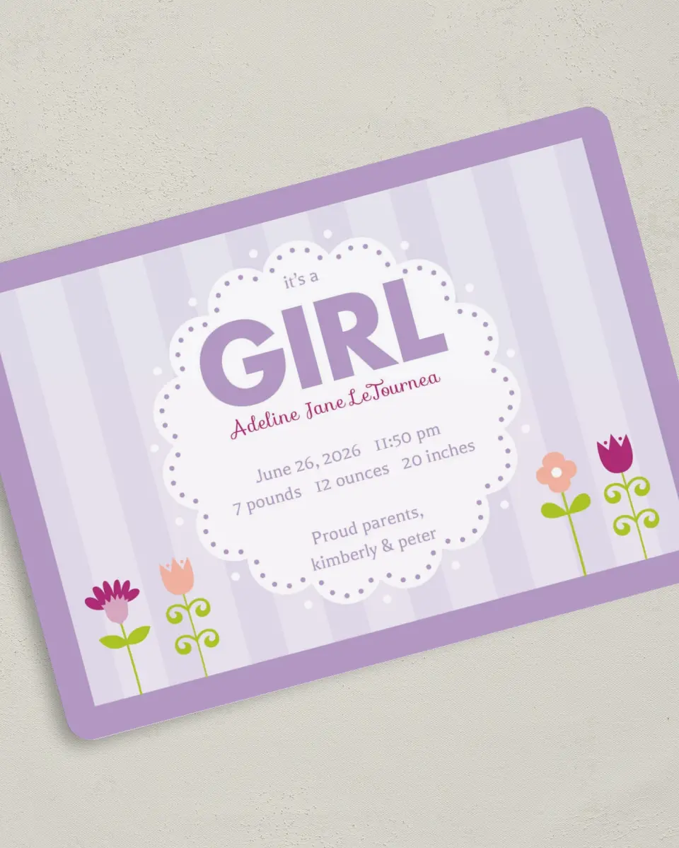 This is a 5" x 7" Birth Announcement Card called It's A ... printed in full color on Premium Smooth paper