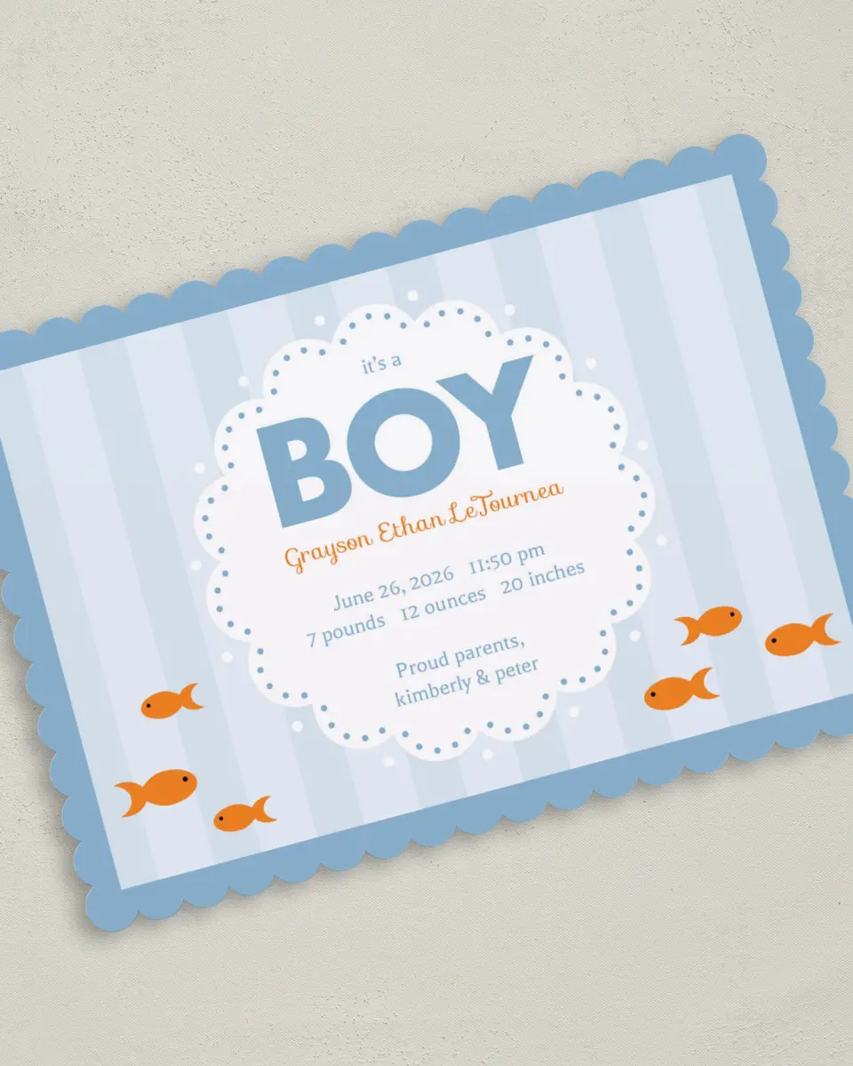 This is a 5" x 7" Birth Announcement Card called It's A ... printed in full color on Premium Smooth paper