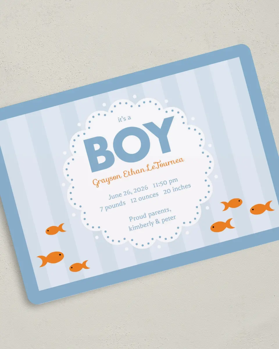 This is a 5" x 7" Birth Announcement Card called It's A ... printed in full color on Premium Smooth paper