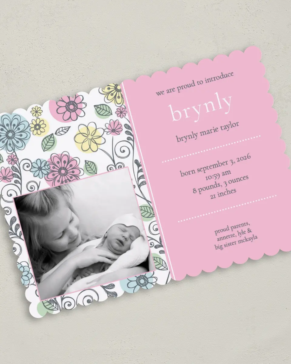 This is a 5" x 7" Birth Announcement Card called Floral Sketch printed in full color on Premium Smooth paper