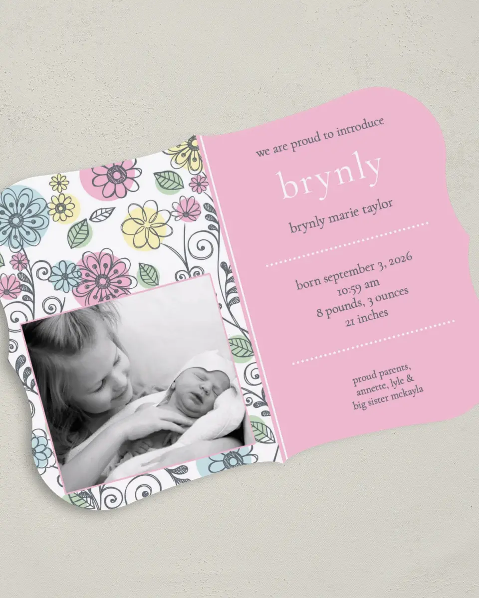 This is a 5" x 7" Birth Announcement Card called Floral Sketch printed in full color on Premium Smooth paper