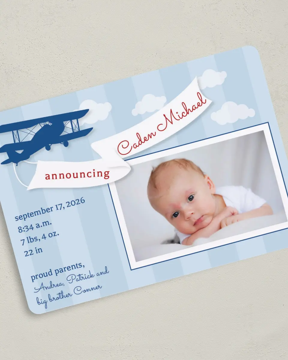 This is a 5" x 7" Birth Announcement Card called Aerial Banner printed in full color on Premium Smooth paper