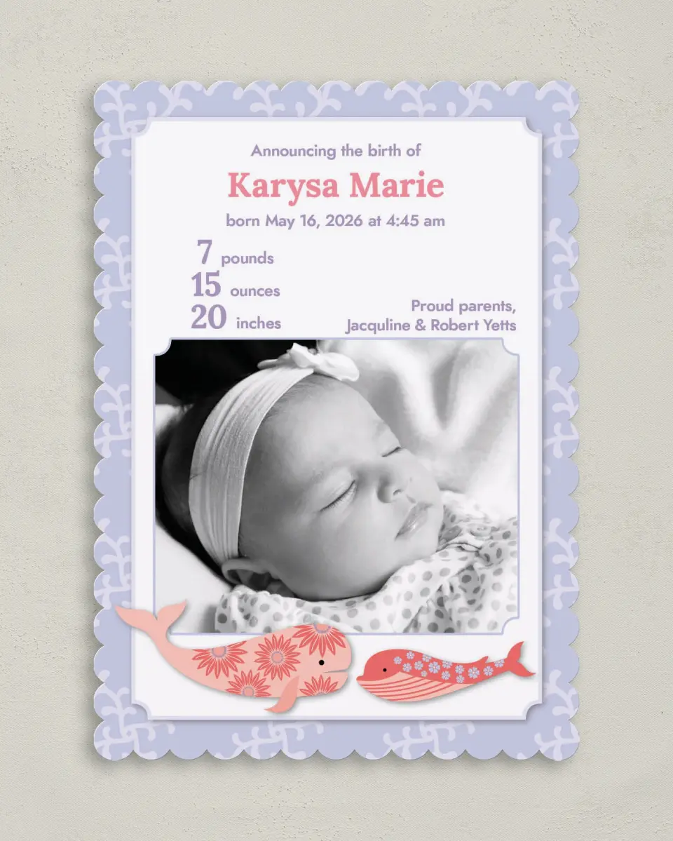 This is a 5" x 7" Birth Announcement Card called Whale of a Tale printed in full color on Premium Smooth paper