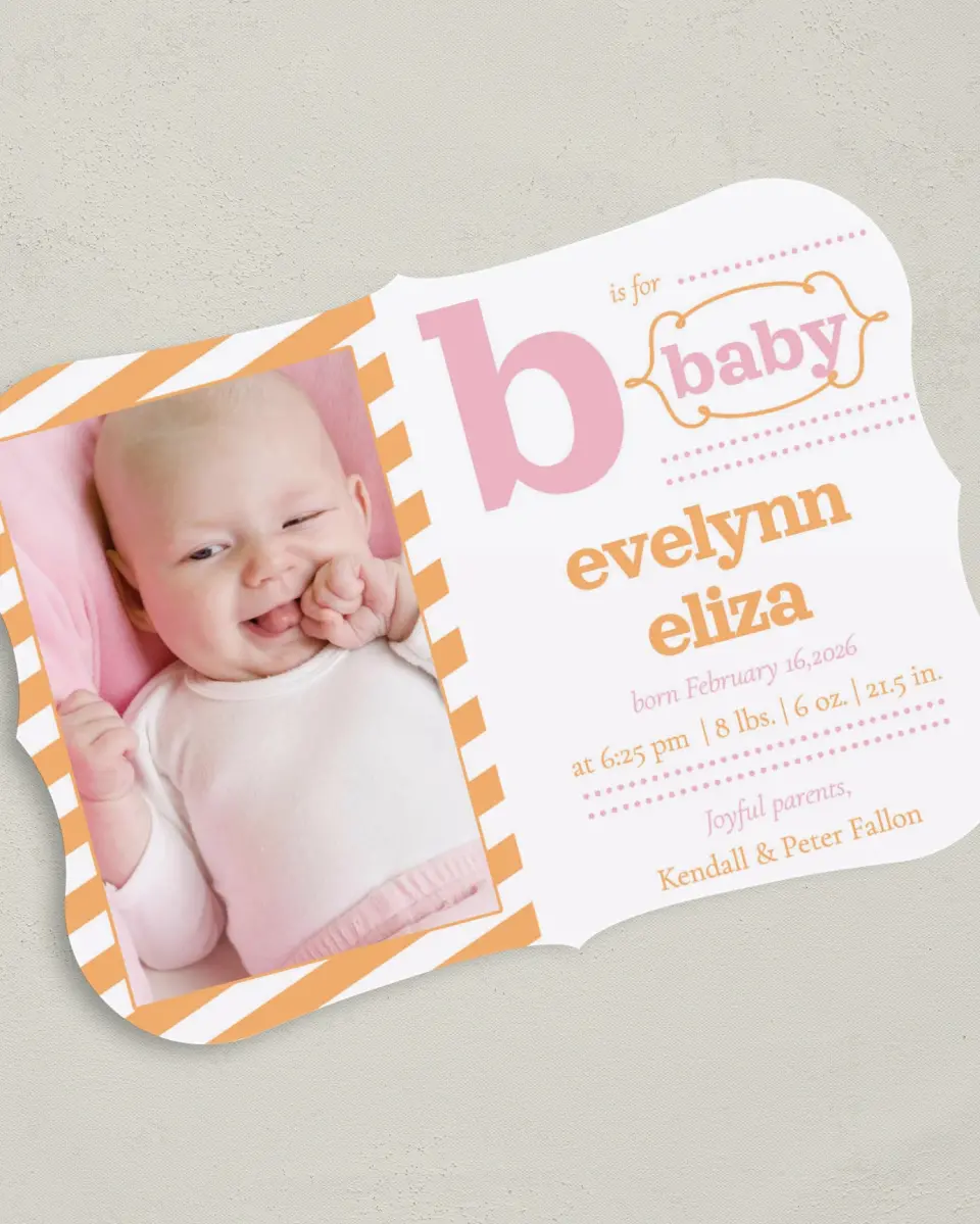 This is a 5" x 7" Birth Announcement Card called B for Baby printed in full color on Premium Smooth paper