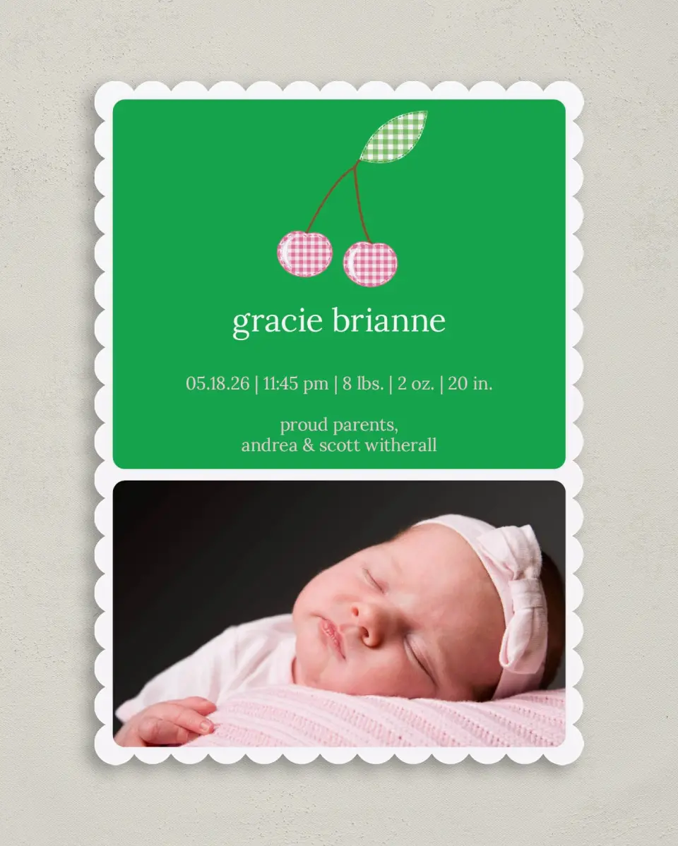 This is a 5" x 7" Birth Announcement Card called Sweet Cherry printed in full color on Premium Smooth paper