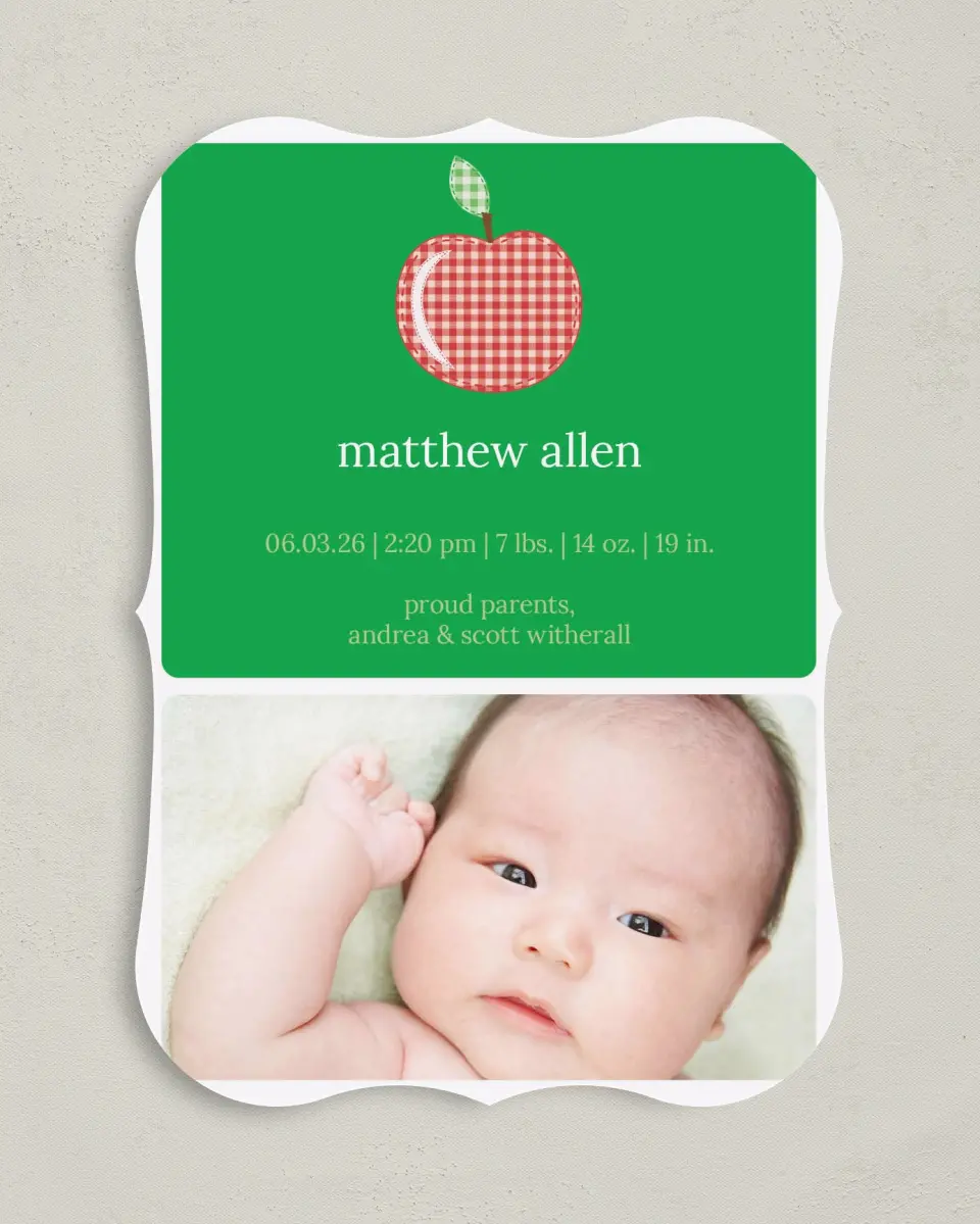 This is a 5" x 7" Birth Announcement Card called Apple Seed printed in full color on Premium Smooth paper