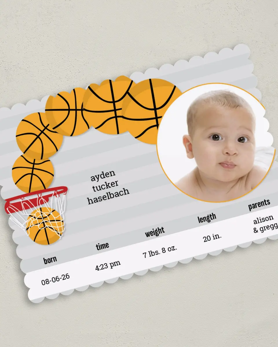 This is a 5" x 7" Birth Announcement Card called Basket of Joy printed in full color on Premium Smooth paper