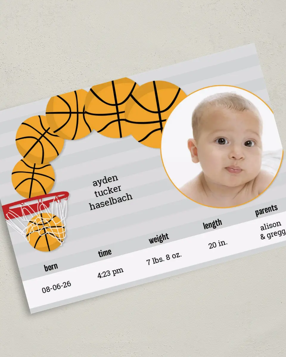 This is a 5" x 7" Birth Announcement Card called Basket of Joy printed in full color on Premium Smooth paper