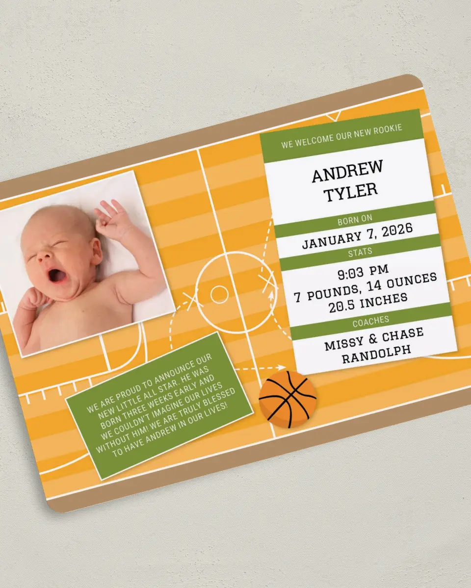 This is a 5" x 7" Birth Announcement Card called Baby Rookie printed in full color on Premium Smooth paper