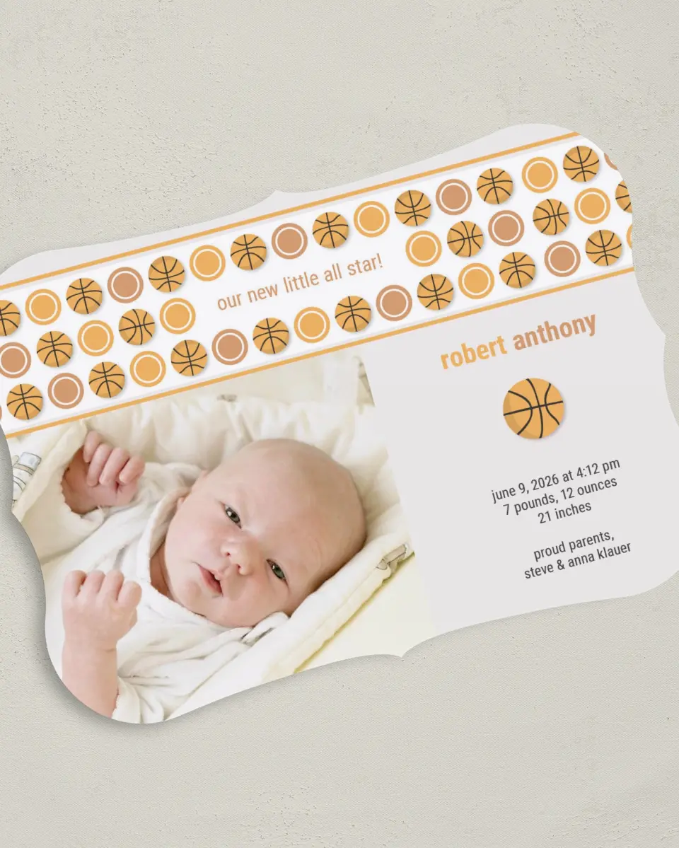 This is a 5" x 7" Birth Announcement Card called Little All Star printed in full color on Premium Smooth paper