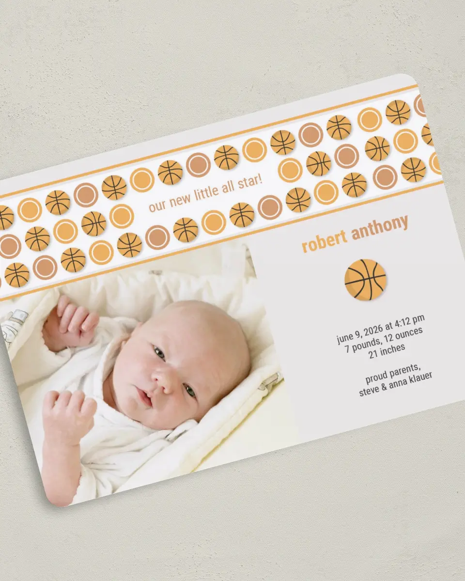 This is a 5" x 7" Birth Announcement Card called Little All Star printed in full color on Premium Smooth paper