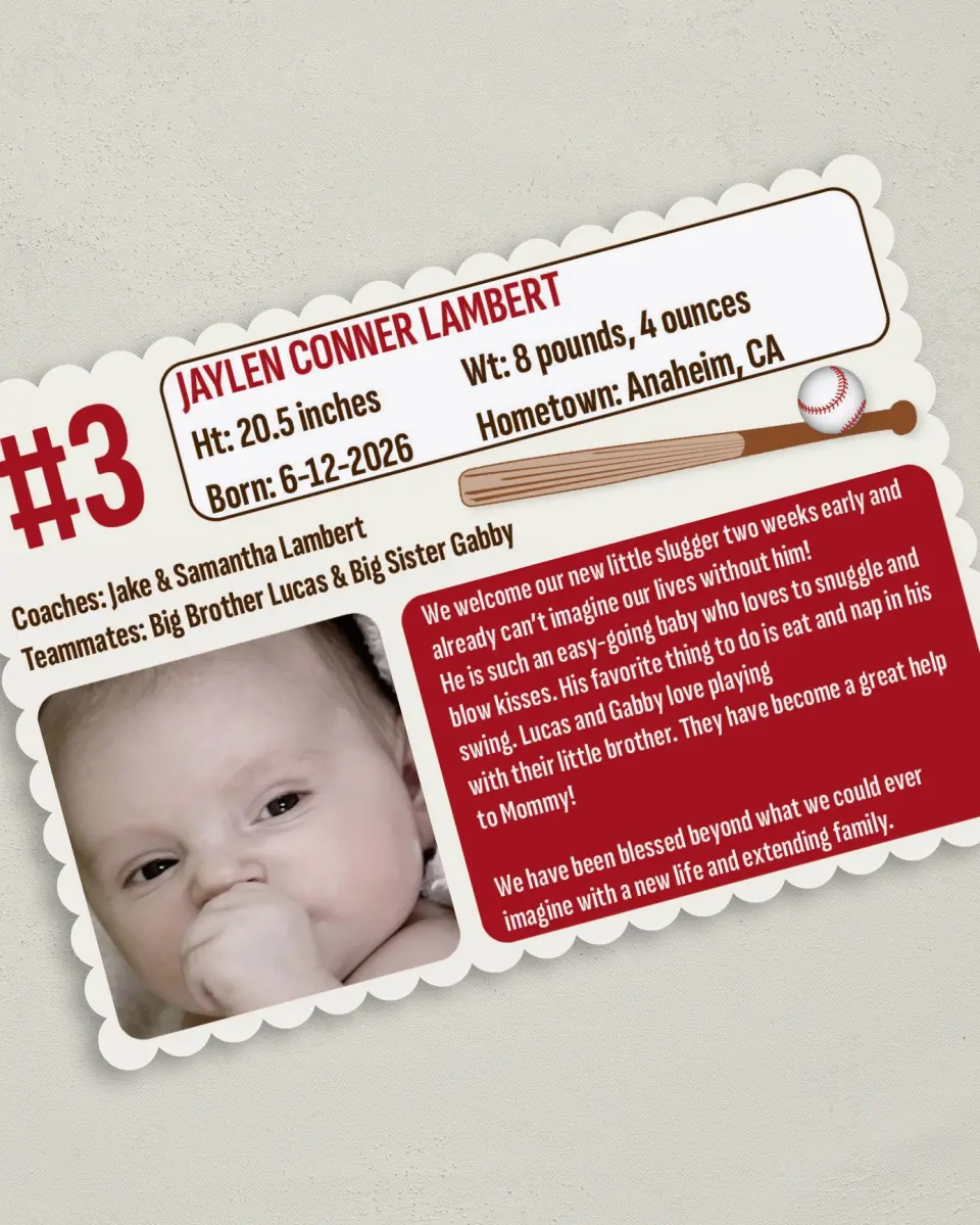 This is a 5" x 7" Birth Announcement Card called Sweet Little Slugger printed in full color on Premium Smooth paper