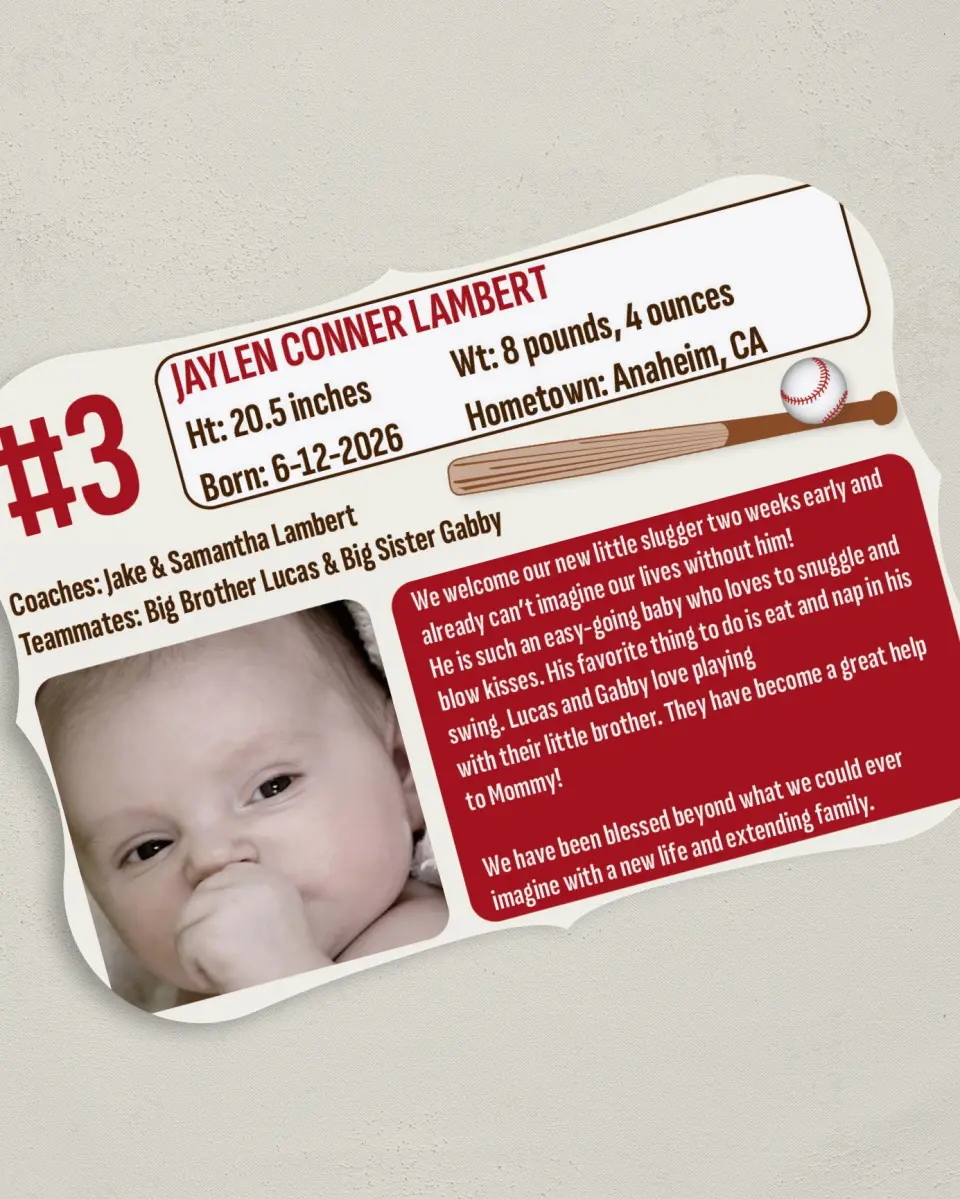 This is a 5" x 7" Birth Announcement Card called Sweet Little Slugger printed in full color on Premium Smooth paper
