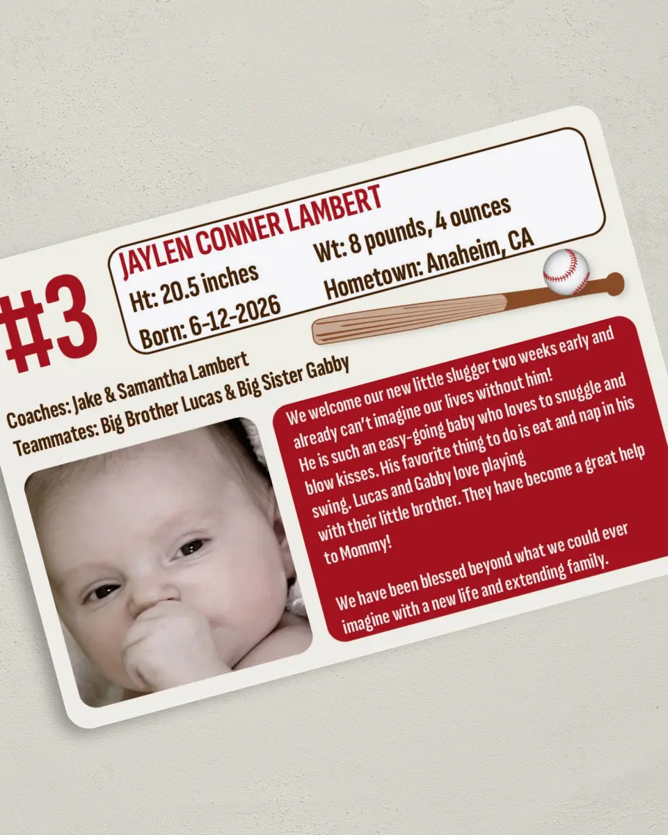 This is a 5" x 7" Birth Announcement Card called Sweet Little Slugger printed in full color on Premium Smooth paper