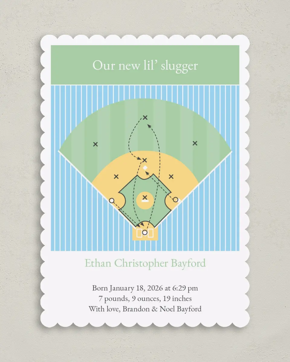 This is a 5" x 7" Birth Announcement Card called Child's Play printed in full color on Premium Smooth paper