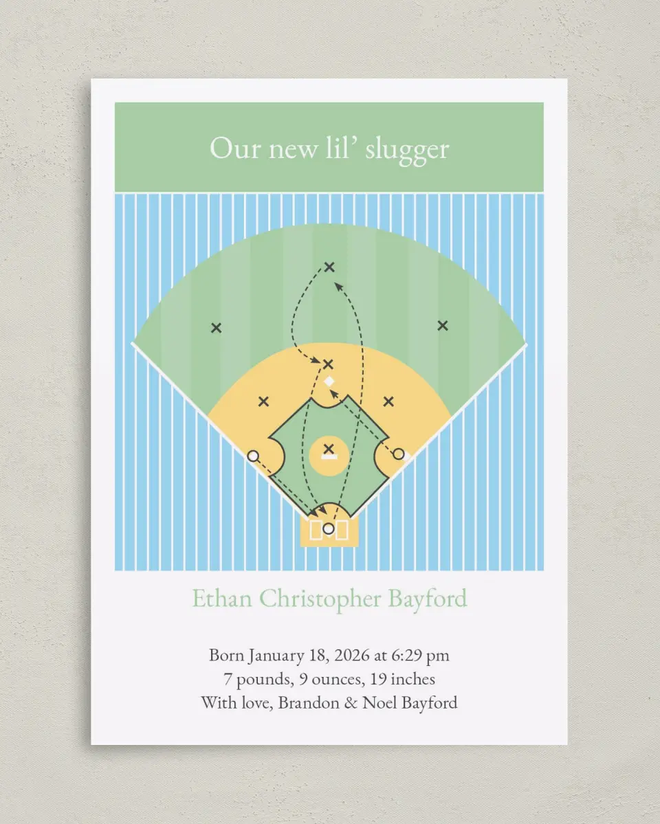 This is a 5" x 7" Birth Announcement Card called Child's Play printed in full color on Premium Smooth paper
