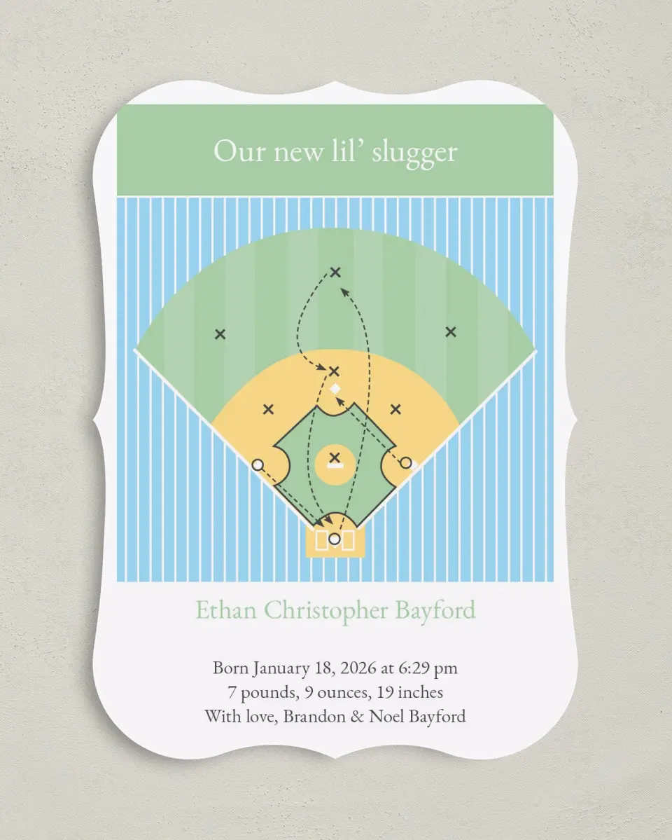 This is a 5" x 7" Birth Announcement Card called Child's Play printed in full color on Premium Smooth paper