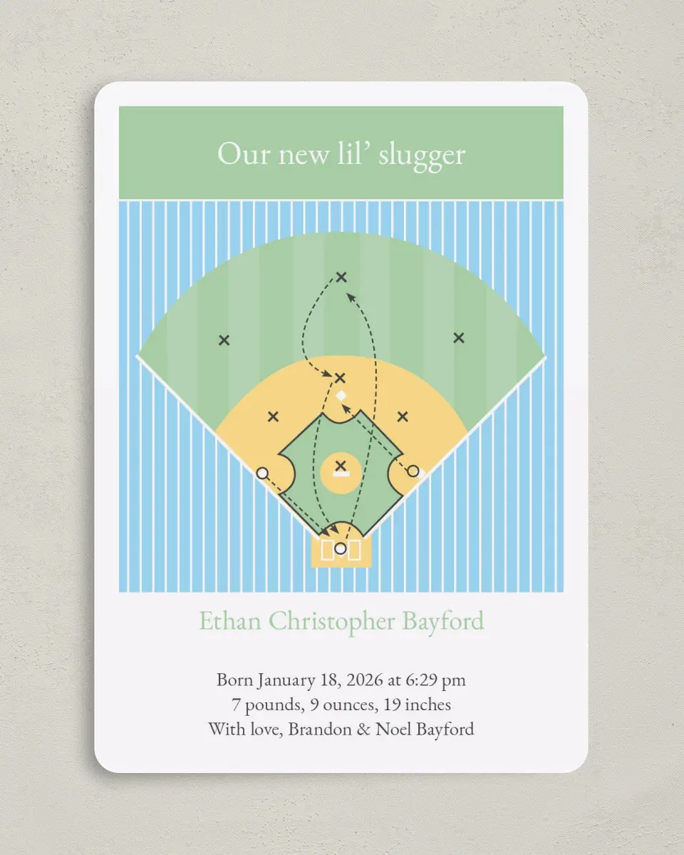 This is a 5" x 7" Birth Announcement Card called Child's Play printed in full color on Premium Smooth paper