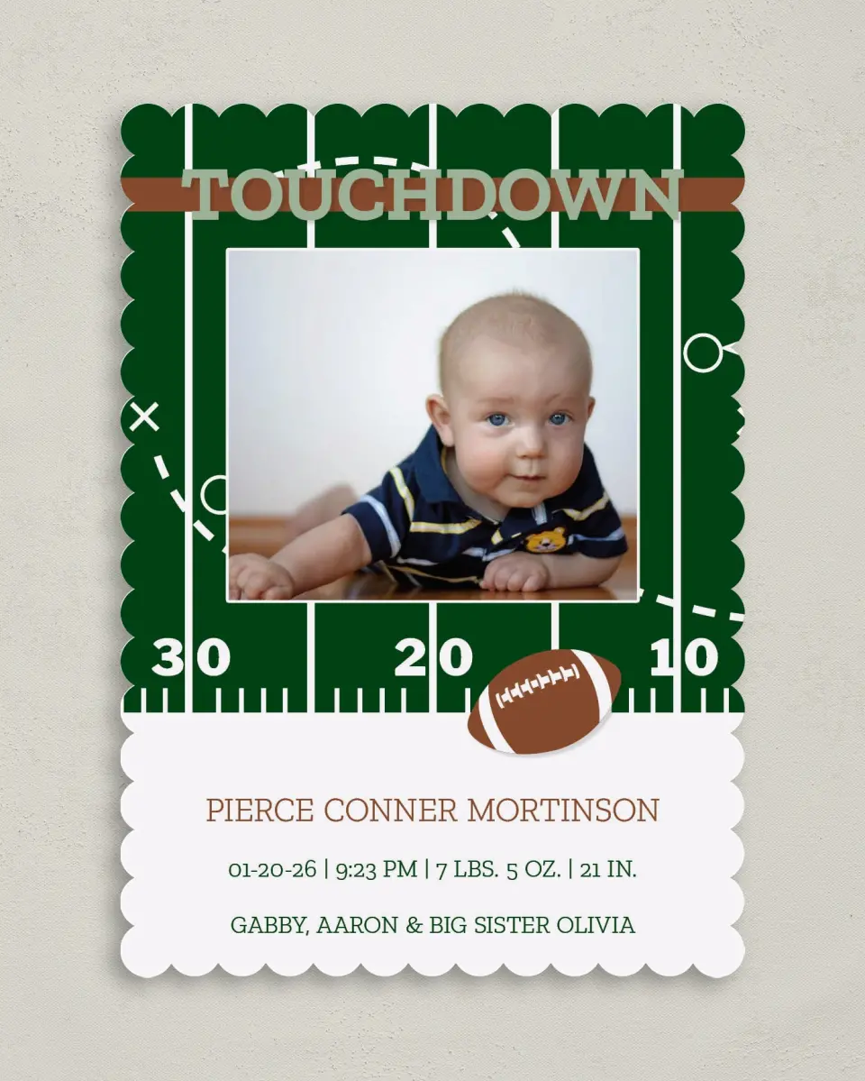 This is a 5" x 7" Birth Announcement Card called Ready to Rumble printed in full color on Premium Smooth paper