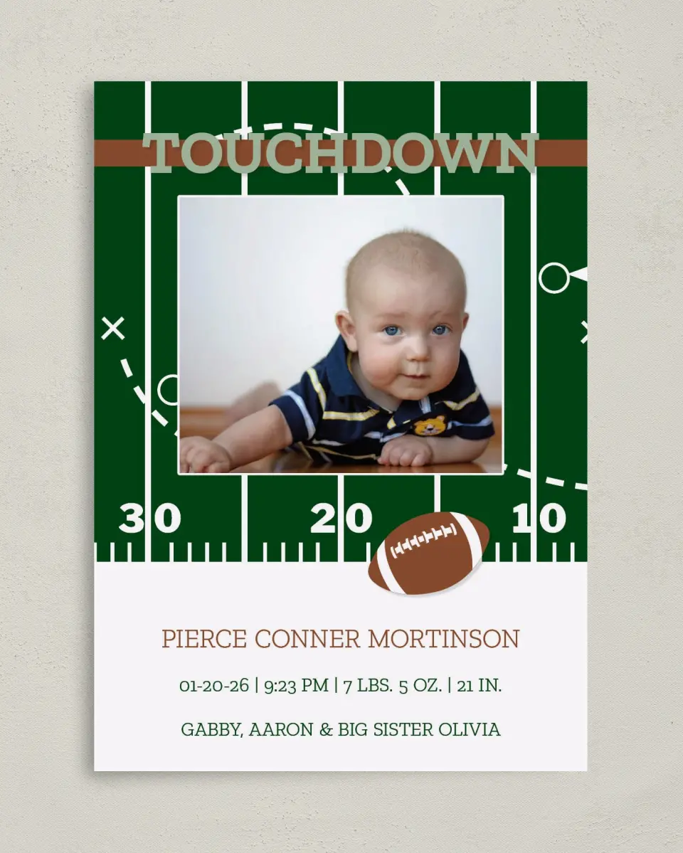 This is a 5" x 7" Birth Announcement Card called Ready to Rumble printed in full color on Premium Smooth paper