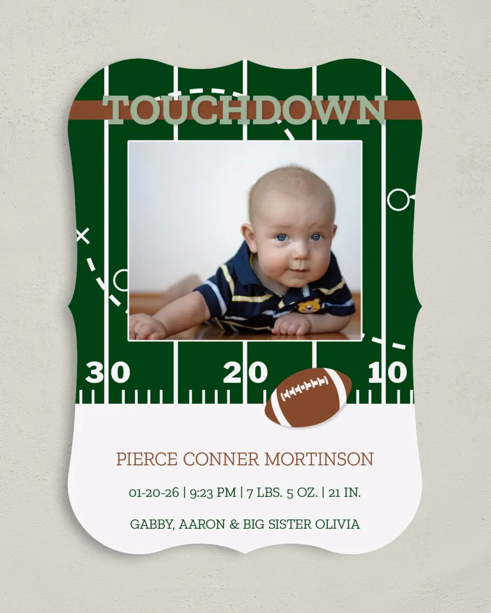 This is a 5" x 7" Birth Announcement Card called Ready to Rumble printed in full color on Premium Smooth paper