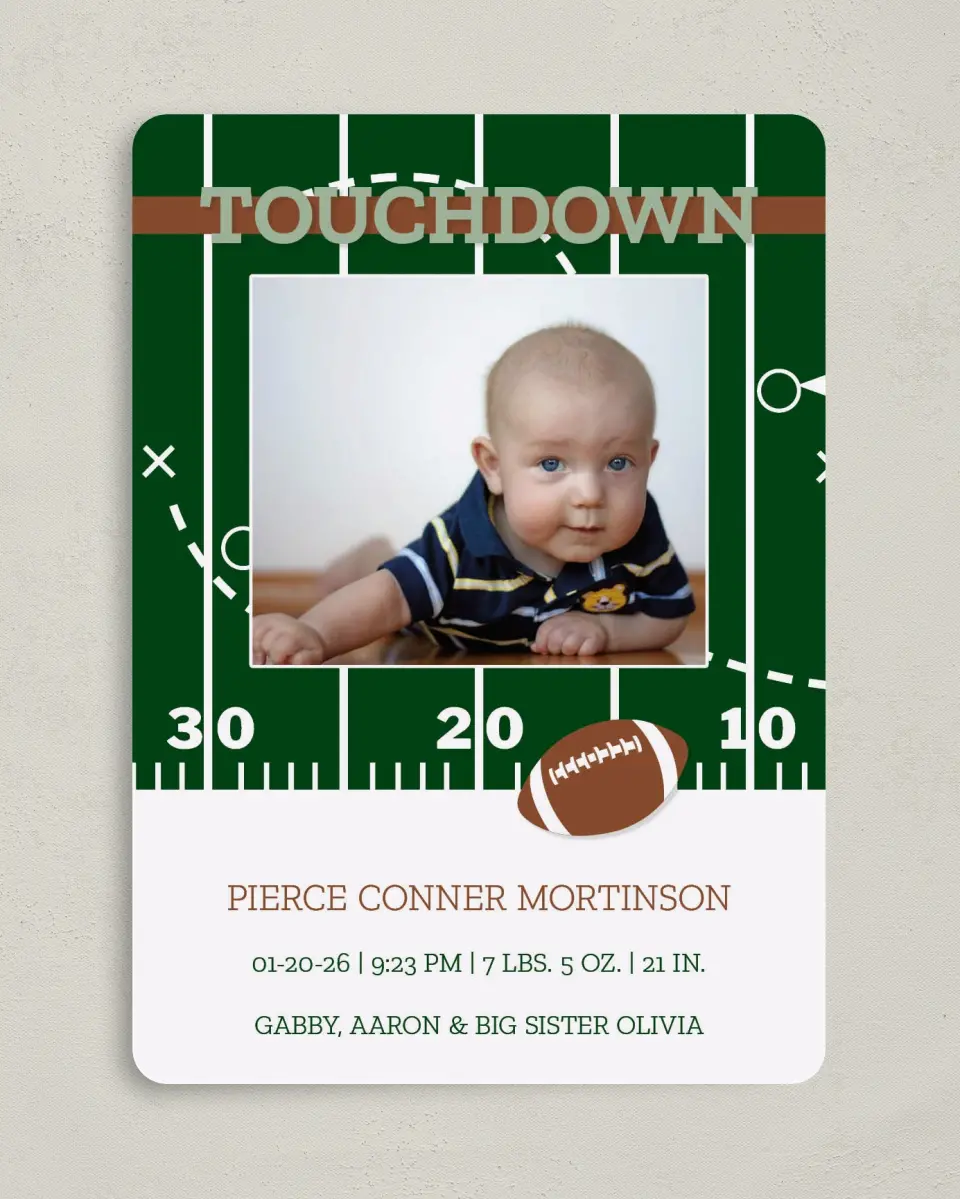 This is a 5" x 7" Birth Announcement Card called Ready to Rumble printed in full color on Premium Smooth paper