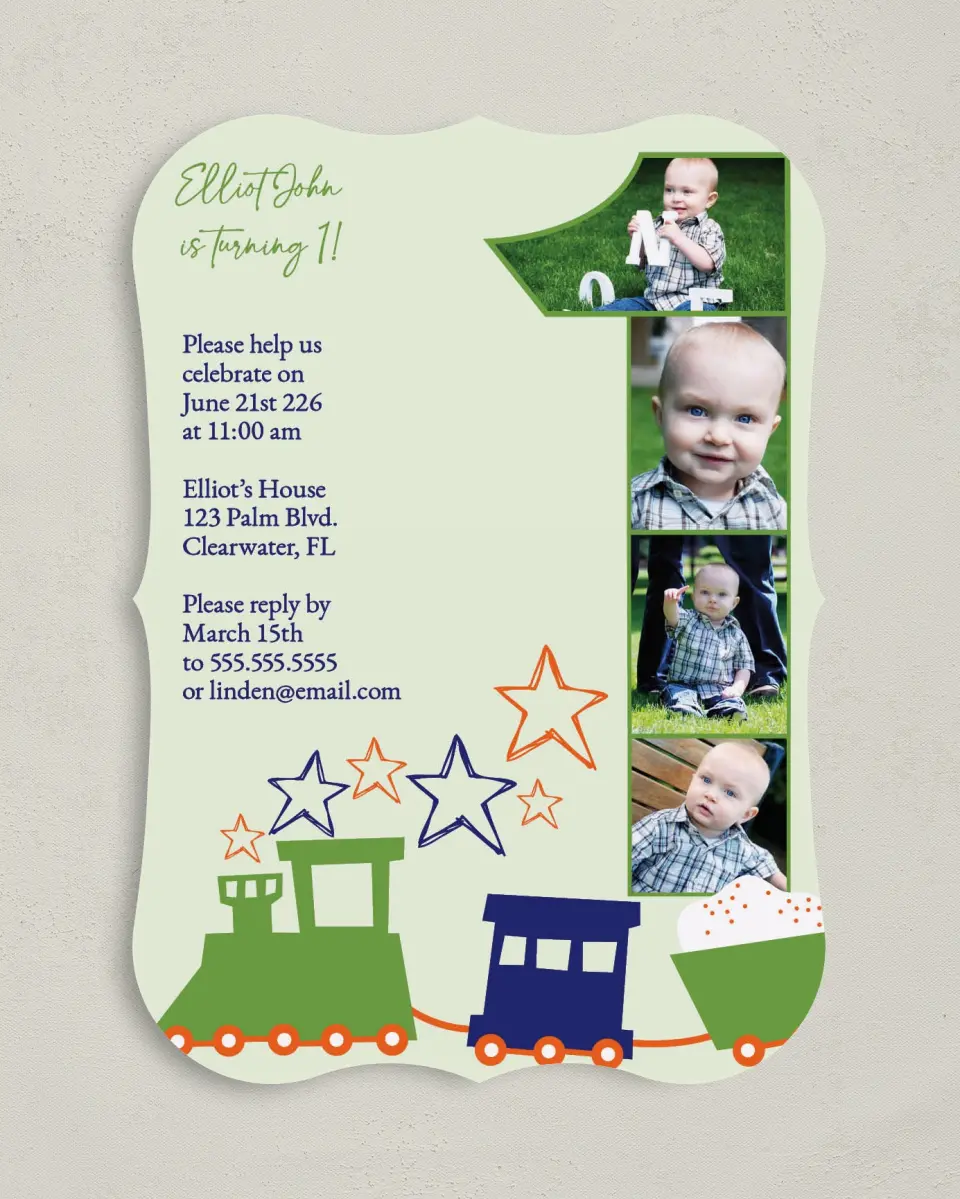 This is a 5" x 7" Birthday Party Invitation called First Birthday Express printed in full color on Premium Smooth paper
