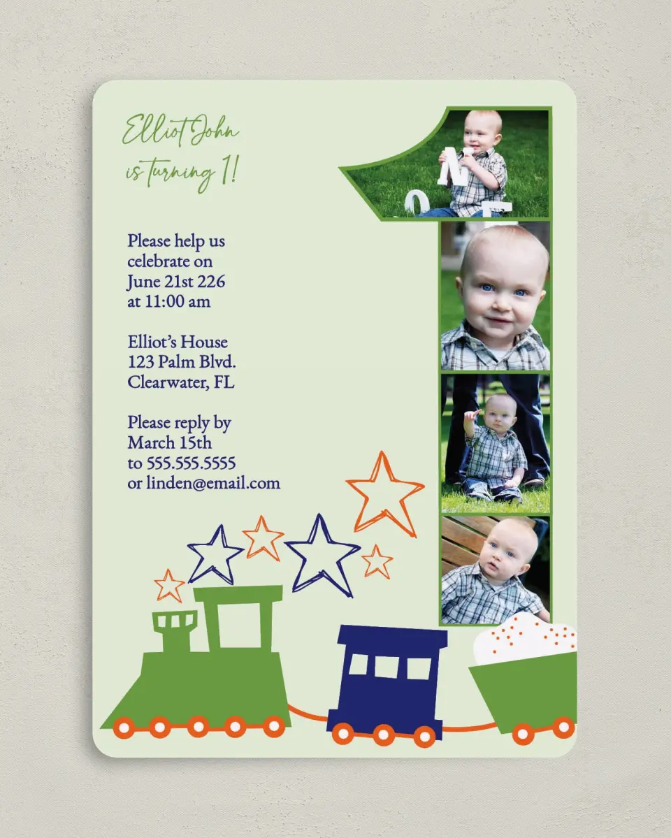 This is a 5" x 7" Birthday Party Invitation called First Birthday Express printed in full color on Premium Smooth paper