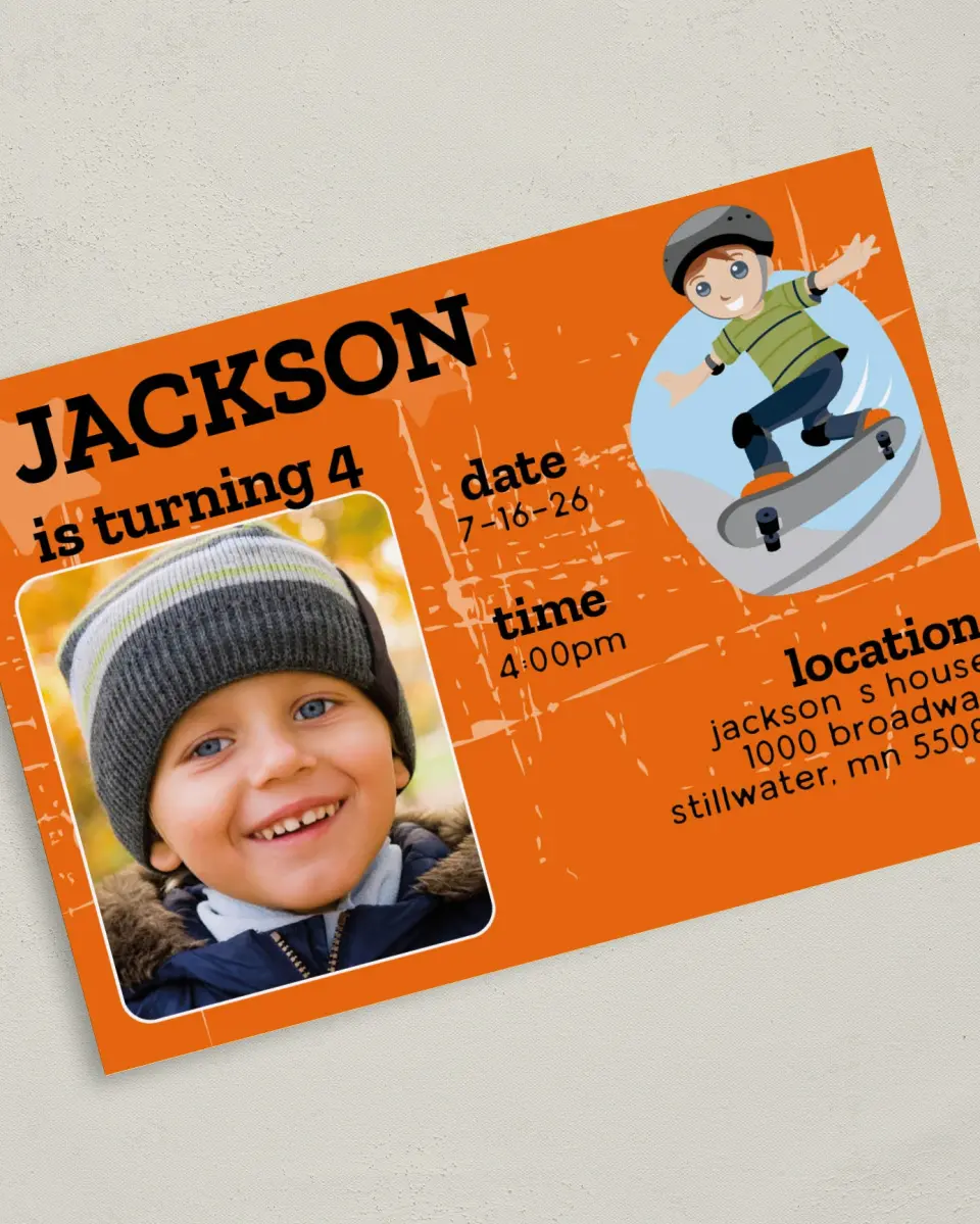 This is a 5" x 7" Birth Announcement Card called Little Skateboarder printed in full color on Premium Smooth paper