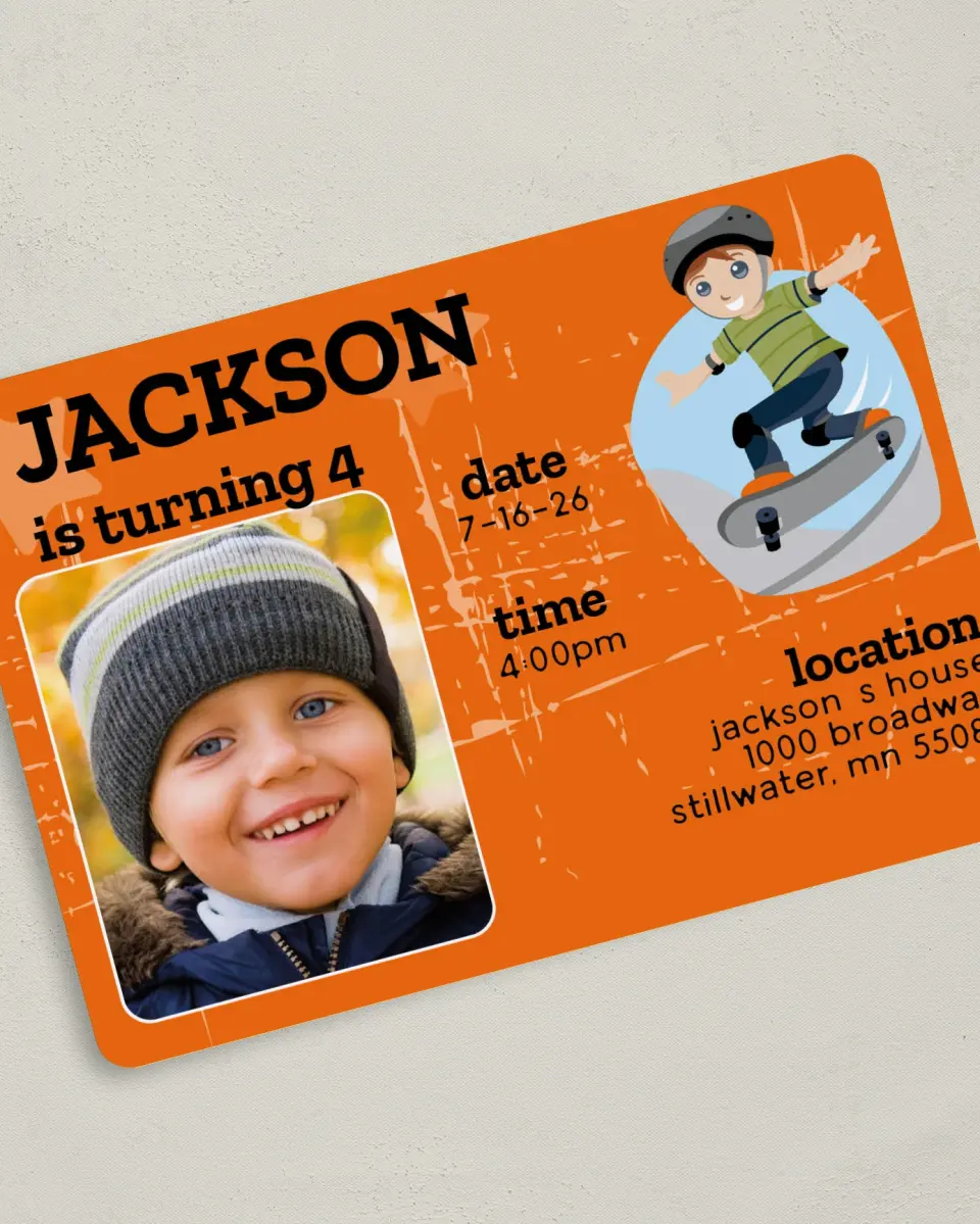 This is a 5" x 7" Birth Announcement Card called Little Skateboarder printed in full color on Premium Smooth paper