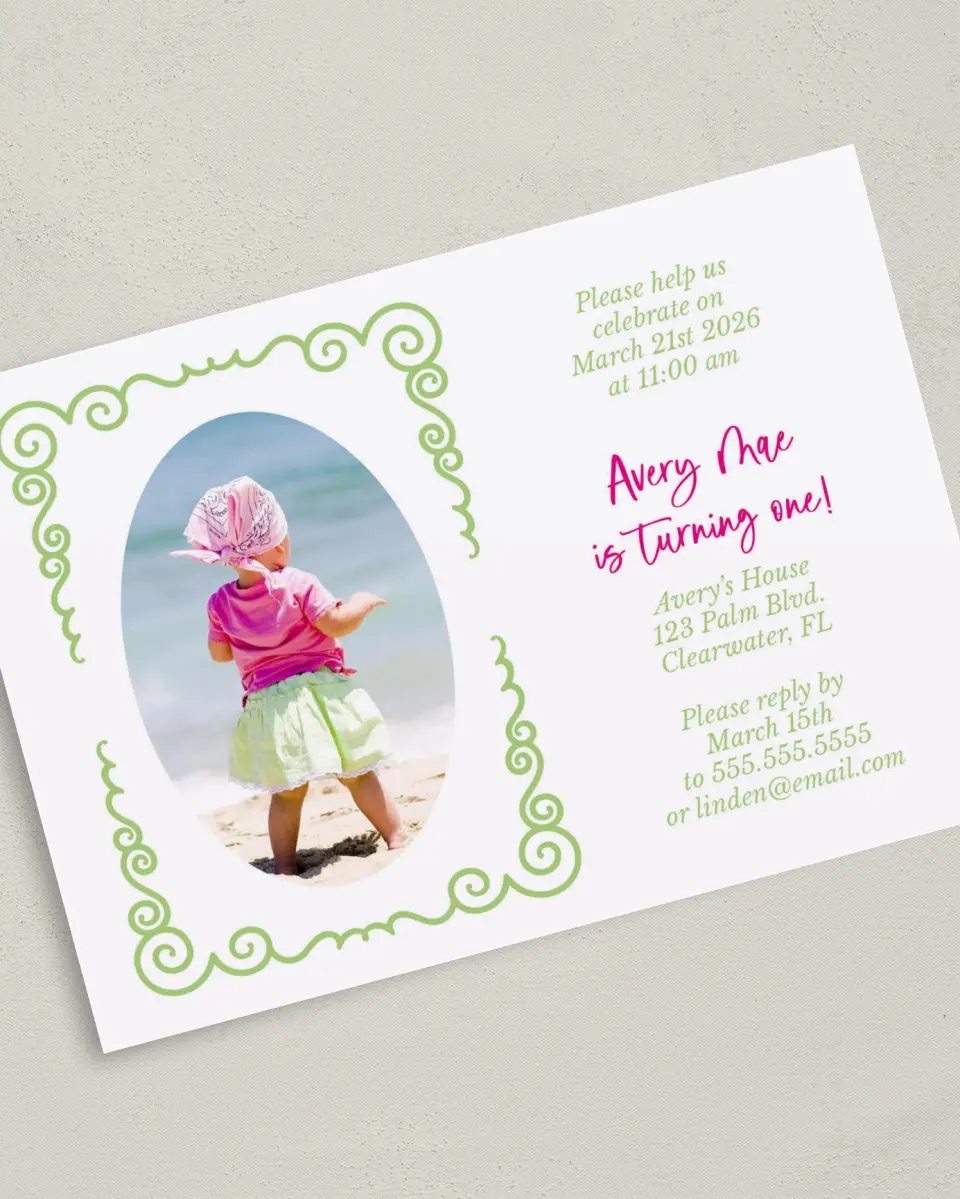This is a 5" x 7" Birth Announcement Card called Vintage Darling printed in full color on Premium Smooth paper