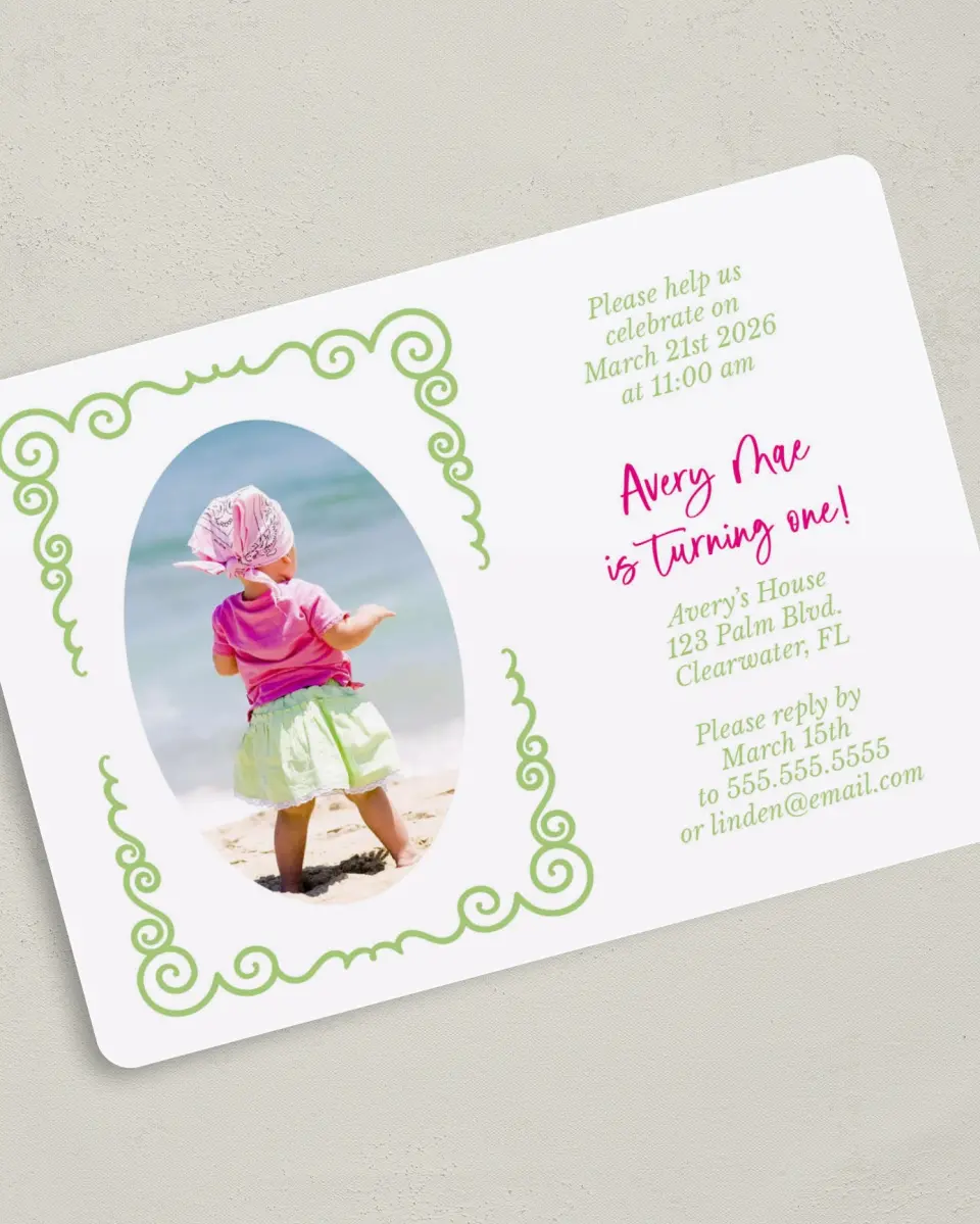 This is a 5" x 7" Birth Announcement Card called Vintage Darling printed in full color on Premium Smooth paper