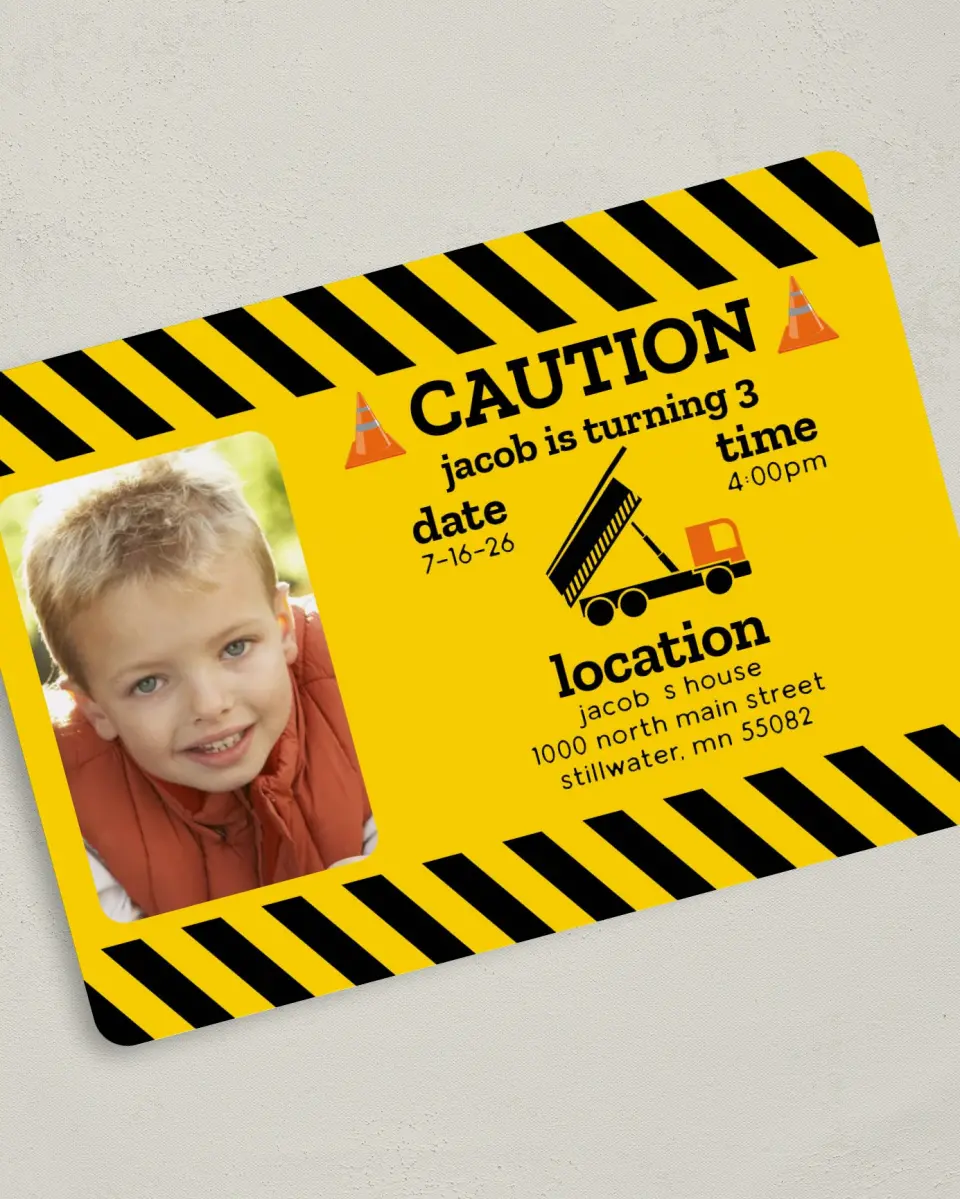 This is a 5" x 7" Birthday Party Invitation called Construction Zone Cutie printed in full color on Premium Smooth paper