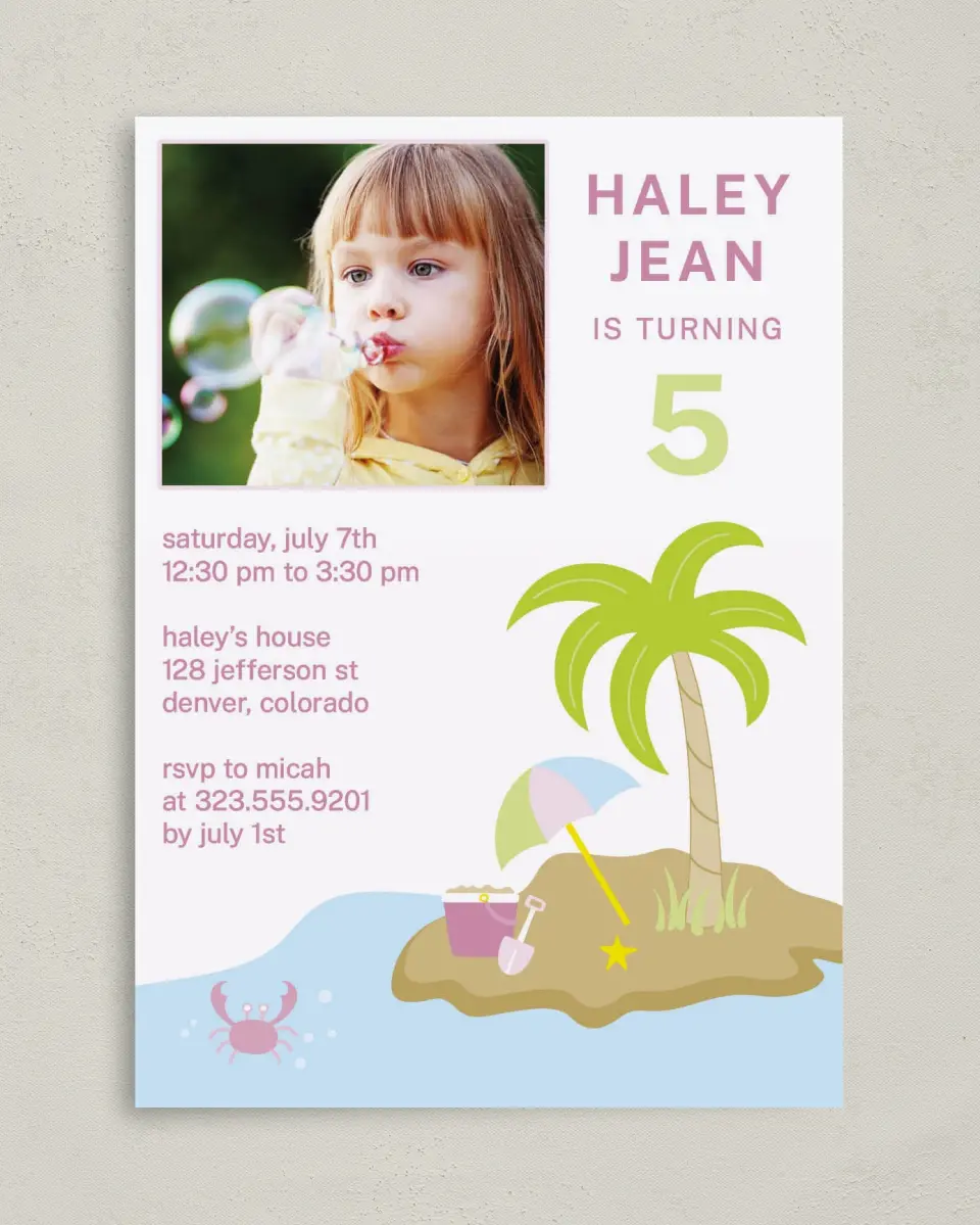 This is a 5" x 7" Birthday Party Invitation called Tropical Island Bash printed in full color on Premium Smooth paper