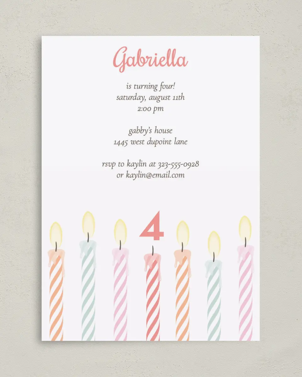 This is a 5" x 7" Birthday Party Invitation called Charming Birthday Candles printed in full color on Premium Smooth paper