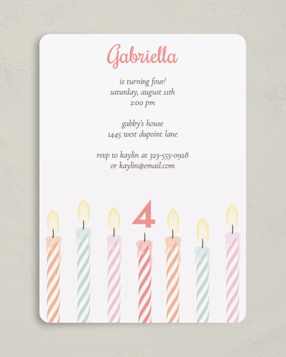 This is a 5" x 7" Birthday Party Invitation called Charming Birthday Candles printed in full color on Premium Smooth paper