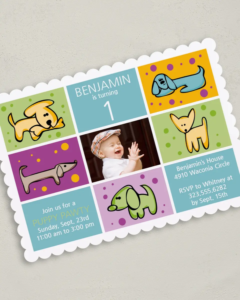 This is a 5" x 7" Birthday Party Invitation called Puppy Pawty printed in full color on Premium Smooth paper