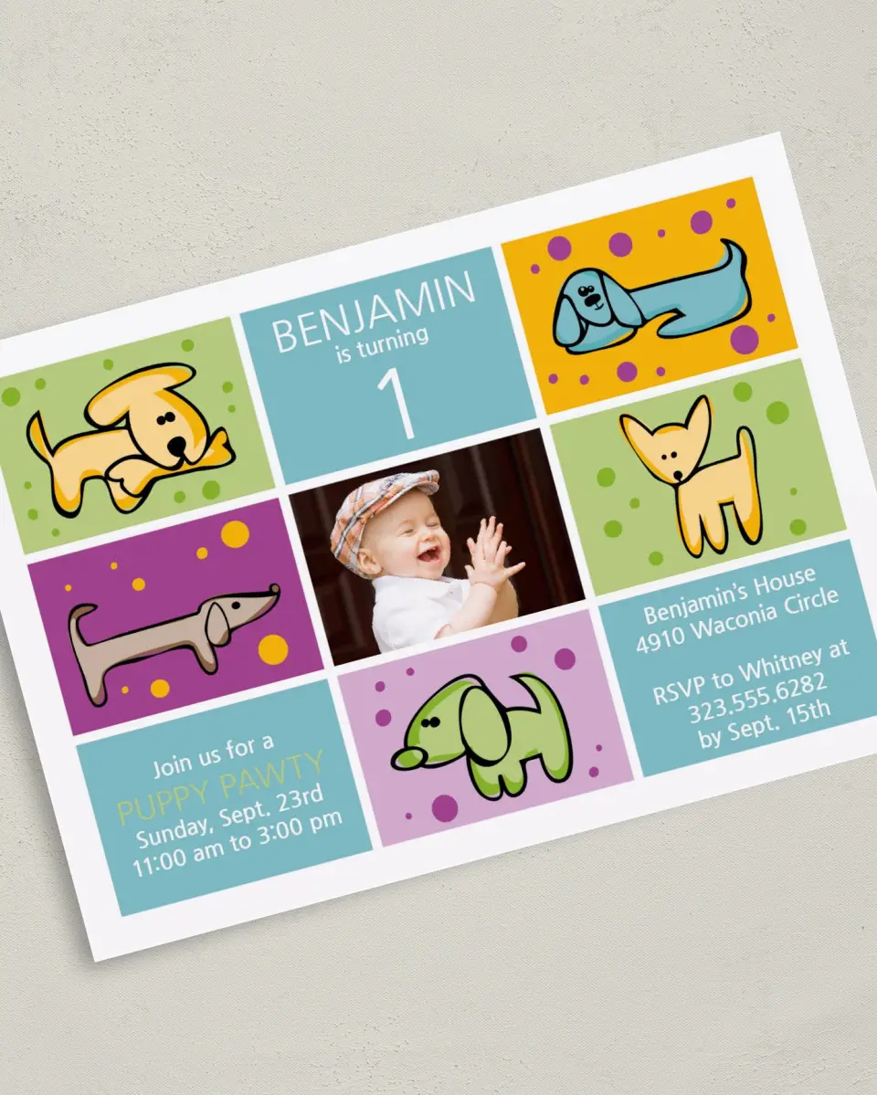This is a 5" x 7" Birthday Party Invitation called Puppy Pawty printed in full color on Premium Smooth paper