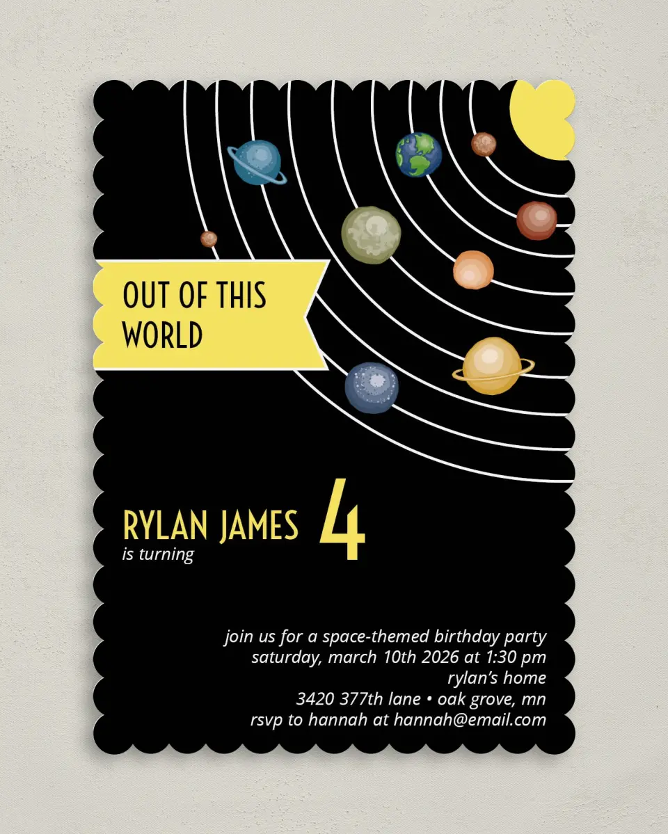 This is a 5" x 7" Birthday Party Invitation called Out of This World printed in full color on Premium Smooth paper
