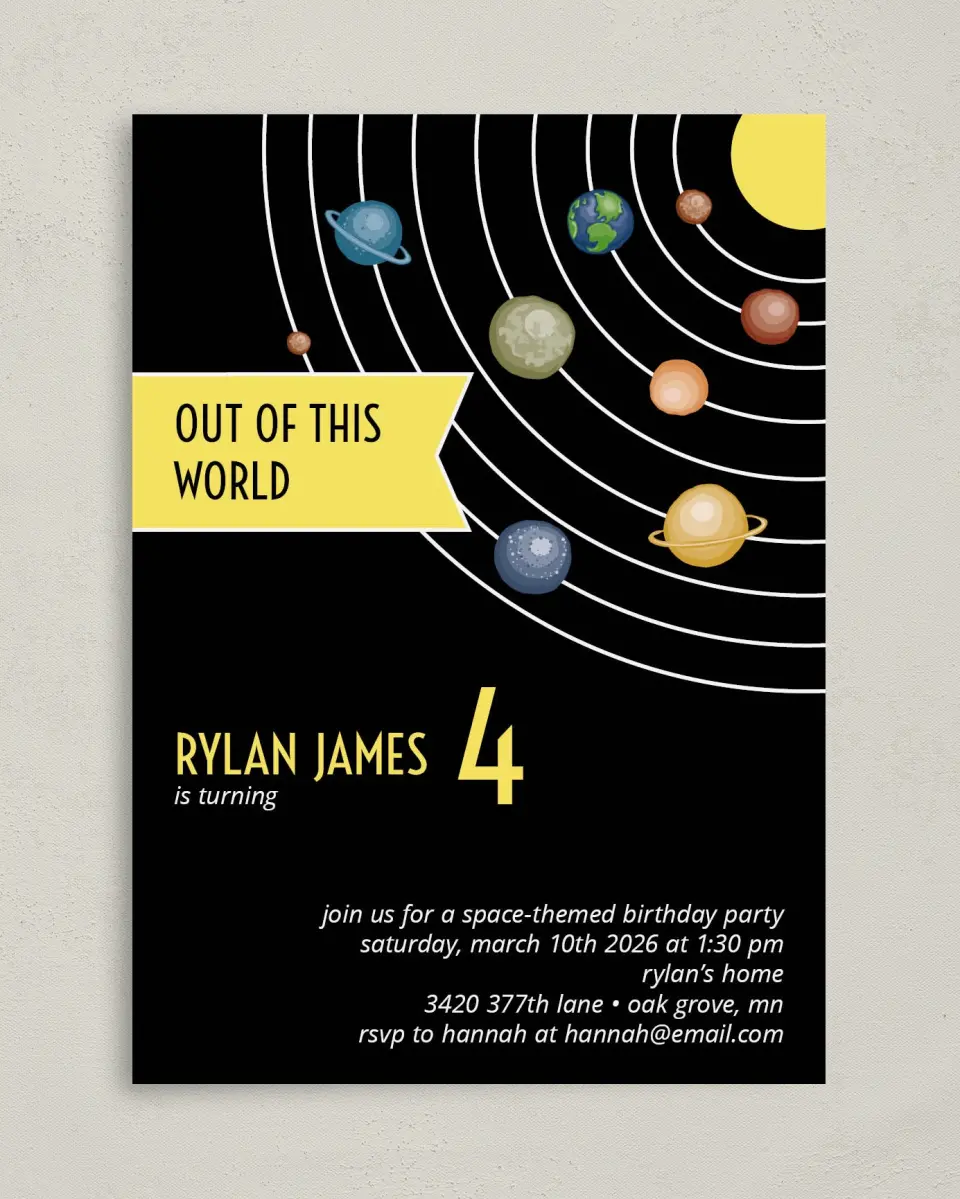 This is a 5" x 7" Birthday Party Invitation called Out of This World printed in full color on Premium Smooth paper