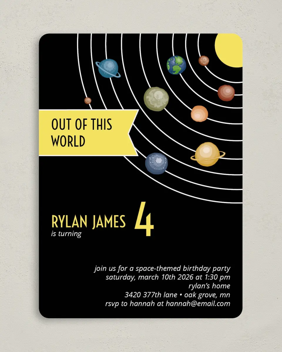 This is a 5" x 7" Birthday Party Invitation called Out of This World printed in full color on Premium Smooth paper