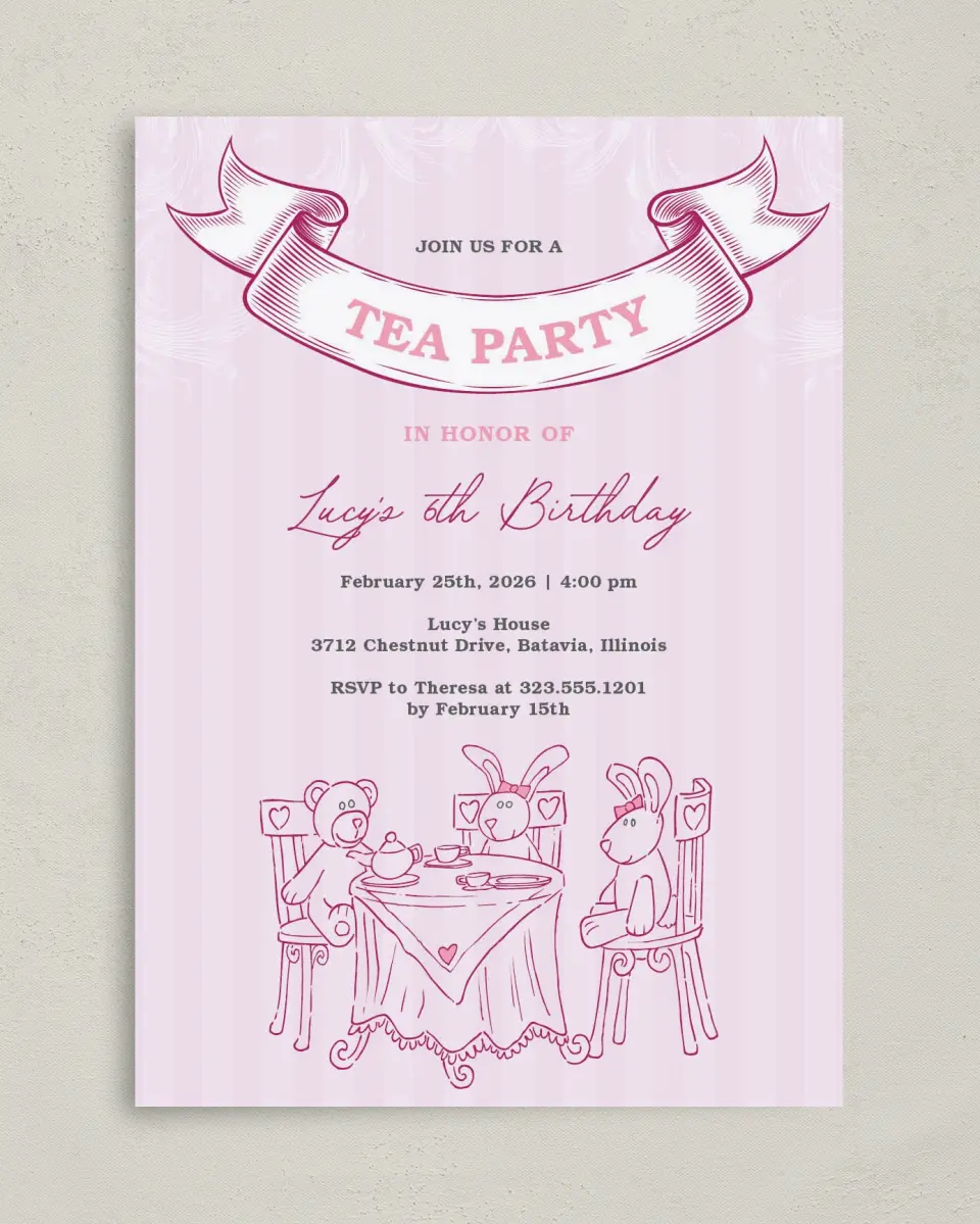 This is a 5" x 7" Birthday Party Invitation called Darling Tea Party printed in full color on Premium Smooth paper