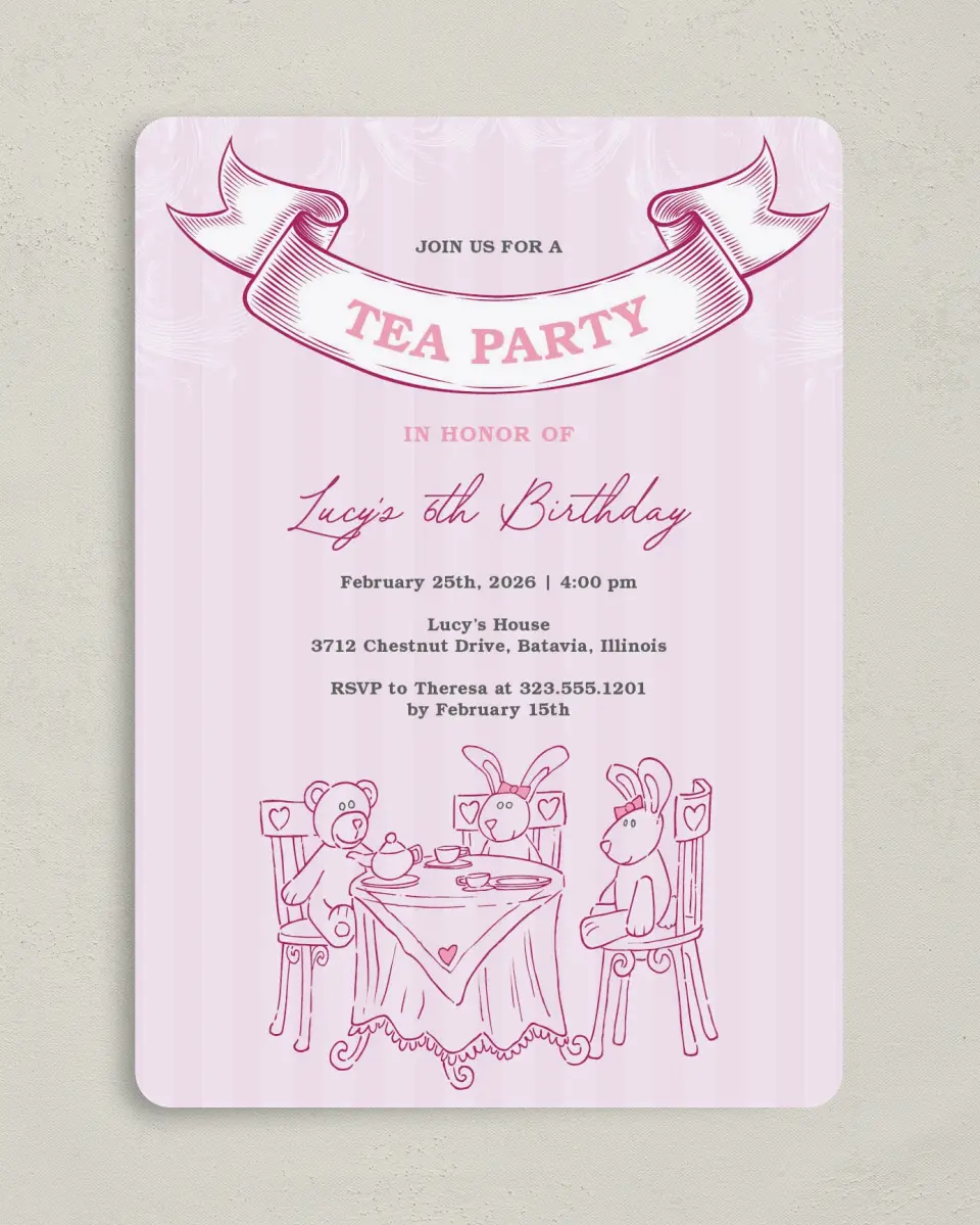 This is a 5" x 7" Birthday Party Invitation called Darling Tea Party printed in full color on Premium Smooth paper