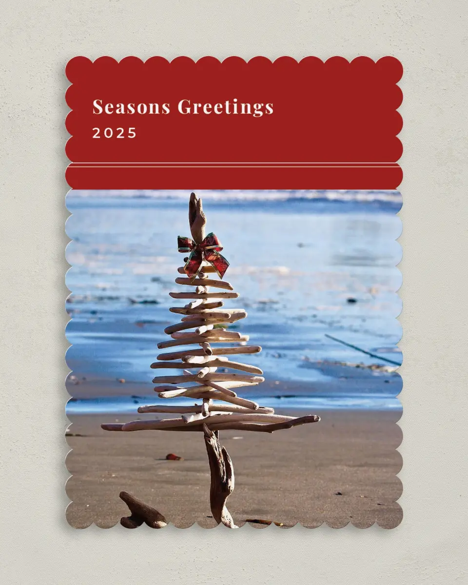 This is a 5" x 7" Christmas Card called Destination : Beach printed in full color with Silver foil on Soft Suede (coated) paper