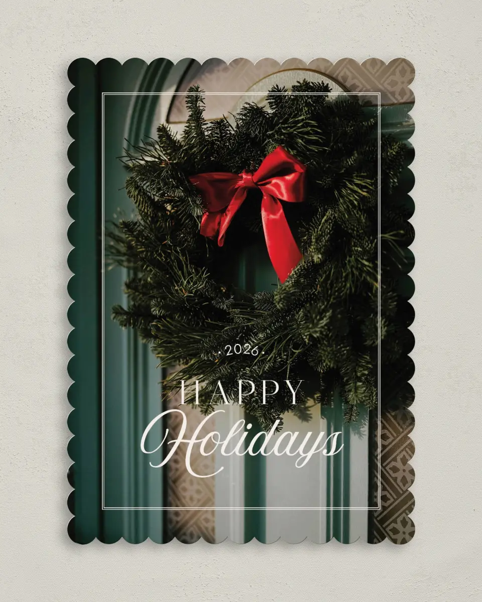 This is a 5" x 7" Christmas Card called Home Sweet Home printed in full color with Silver foil on Soft Suede (coated) paper