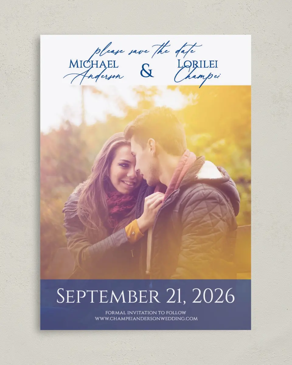 This is a 5" x 7" Save the Date Card called Classic Kiss printed in full color on Premium Smooth paper