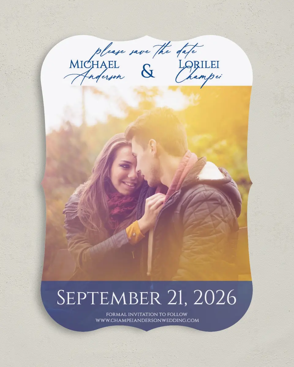 This is a 5" x 7" Save the Date Card called Classic Kiss printed in full color on Premium Smooth paper