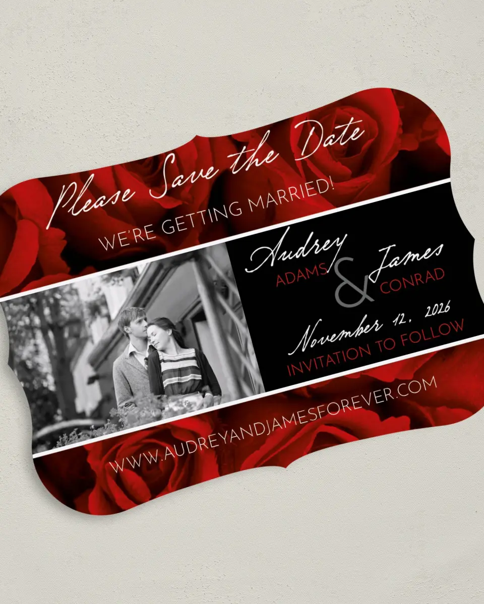 This is a 5" x 7" Save the Date Card called Dramatic Roses printed in full color on Premium Smooth paper
