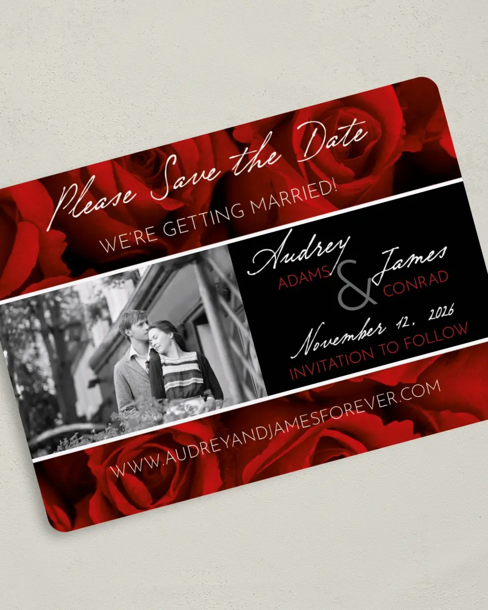This is a 5" x 7" Save the Date Card called Dramatic Roses printed in full color on Premium Smooth paper
